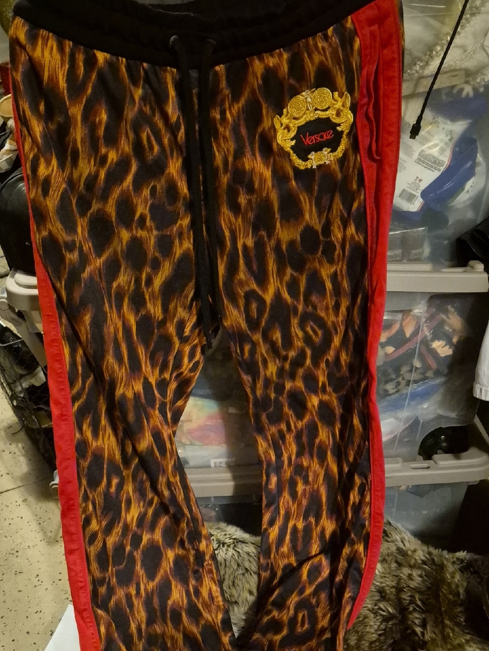 Versace Leopard Print Track Pants AND Matching Shirt with Red Side Panels